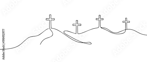 Crosses on rolling hills. Continuous one line drawing vector illustration. Minimalist Christian faith concept isolated on white background