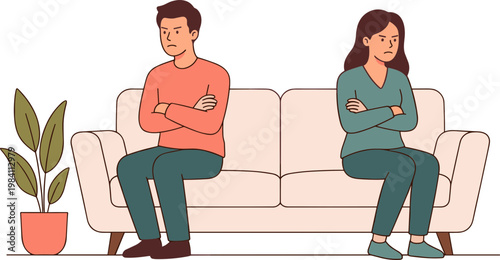 Couple sitting on a couch with crossed arms, showing signs of disagreement or tension at home.