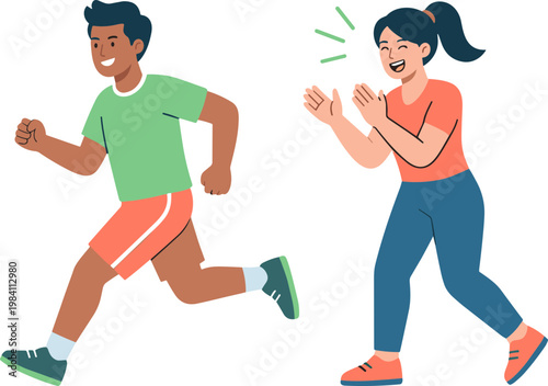 Two people jogging on a path with one cheering the other on happily outdoors