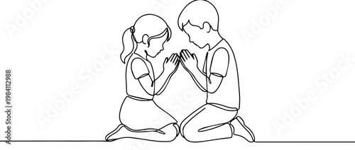 Boy and girl praying together line art. Children kneeling with folded hands continuous line illustration. Faith and devotion vector
