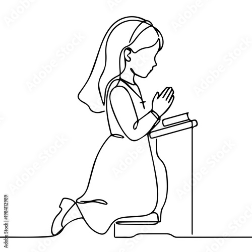 Girl kneeling in prayer line art. Child at church pew continuous line illustration. First communion or religious devotion vector