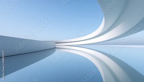 A minimalist architectural composition features flowing white curves reflected in a polished surface against a clear blue sky.