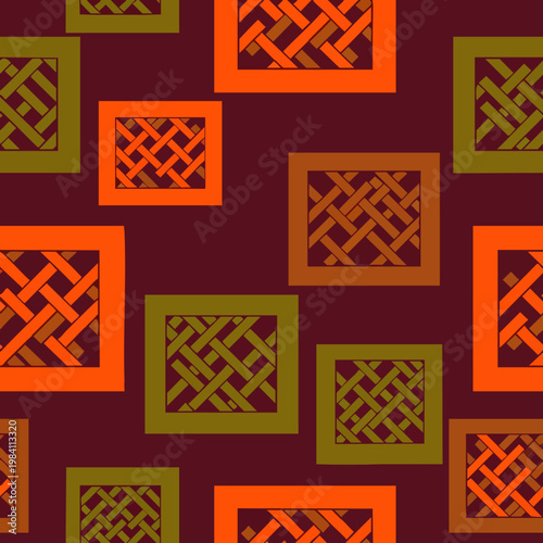 Seamless geometric pattern with interwoven squares in vibrant orange and olive green on a deep maroon background, an abstract decorative design for textiles and digital media.