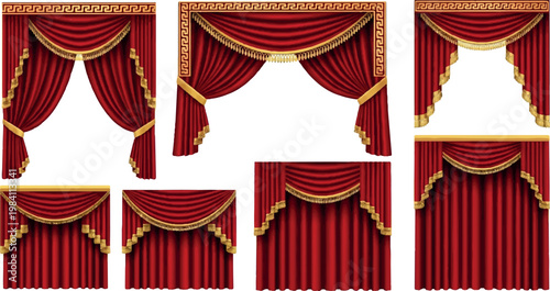 Red velvet theater curtains and ornate valances with gold trim for stage decoration red drapes interior design window treatments event decor heavy fabric home decor performance decorative