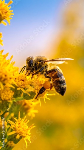 A close-up of a honeybee pollinating a vibrant yellow flower