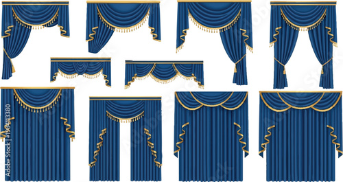 Collection of decorative blue drapes and valances with gold trim window treatments interior design home decor home furnishing window covering curtains decoration decorative interior tailored