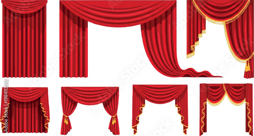 Collection of elegant red velvet theatre curtains and stage drapery with gold trim on white background decoration interior performance entertainment isolated collection celebration backdrop
