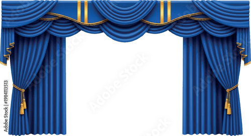 Ornate blue theatre curtain with golden accents and swags performance space stage curtain heavy fabric drape ornate decoration performance curtains theater curtains interior decoration