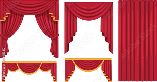 Assortment of red drapes and window treatments with interior design home decor window covering fabric folds interior decoration home furnishing textile fabric heavy fabric indoor furnishing