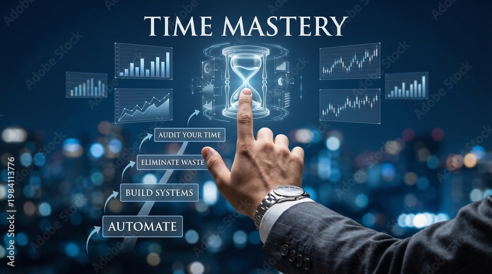Obraz premium A person in a business suit interacting with a futuristic time management interface