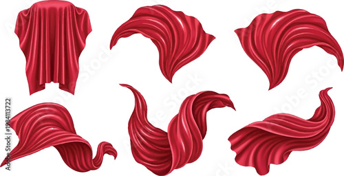 Collection of flying red velvet fabric drapes and flowing waves with velvet texture motion blur curtain set material abstract dramatic background movement aesthetic curtains backdrop
