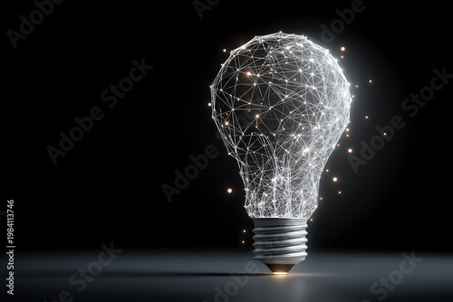 Glowing Wireframe Light Bulb on Black Background
