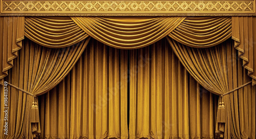 Grand luxury gold stage curtains with ornamental pelmet and tassels window treatment drapery set home decor curtain design window dressing theatre curtain curtains backdrop theatrical