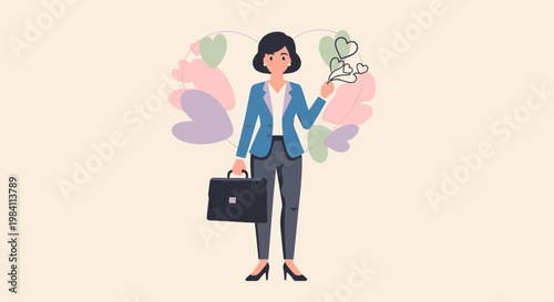 A cartoon woman with briefcase and flower.