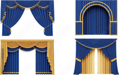 Luxury set of blue and gold theater curtains and stage drapes featuring arched frame designs and elegant fringed valance treatments for grand performance venues treatment interior collection