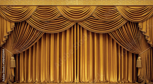 Grand golden yellow stage curtains and theater drapes with ornate valance designs and decorative hanging tassels for opera houses performance halls and luxury concert stages performance auditorium