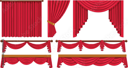 Large assortment of red window curtains and fabric drapes with various decorative valance styles and draped swags for home interior design or stage theatrical settings treatment interior collection