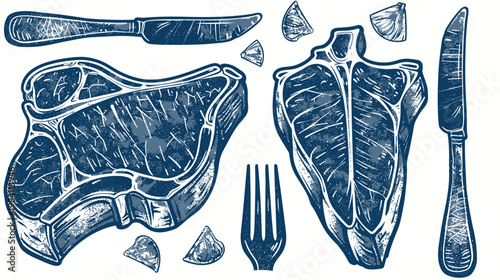 Etched illustration of steaks with knife, fork, and garlic on a white background