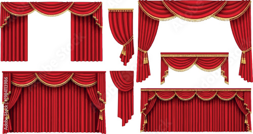 Collection of elegant red curtains and stage drapes featuring gold trim fringe and tassels for luxury interior design and theater performance backdrops interior decoration collection isolated
