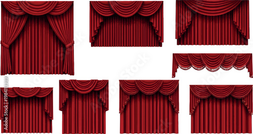 Set of red velvet theater curtains and stage drapes with various valance styles for cinema and performance backdrop designs background performance auditorium ceremony premiere interior isolated