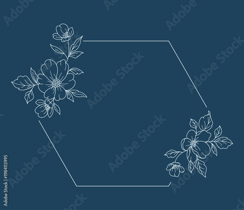 Floral polygon hand drawn style. Floral navy frame of twigs, leaves and flowers. Frames for Valentine’s Day, wedding decor, logo and identity template.
