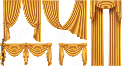 Collection of elegant gold and yellow curtains with various drapes valances pelmet styles isolated on a white background for interior design and architectural visualization projects curtains
