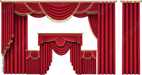 Set of premium red curtains and valances with golden fringe and elegant drapery designs isolated on white background for luxury home decor and theater interior concepts curtains collection interior