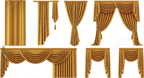 Collection of luxury golden curtains and valances in various styles for interior window decoration isolated illustration on white background curtains interior decoration collection isolated