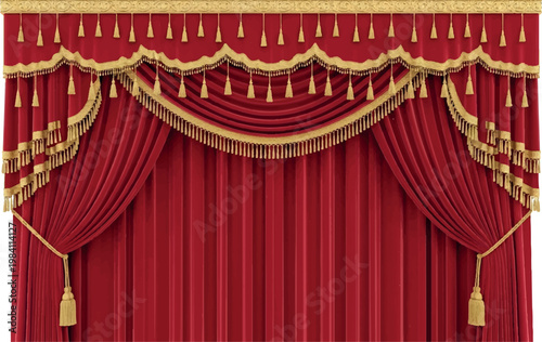 Grand red theater curtain with ornate gold trim and tassels featuring a central valance and draped sides for stage cinema or opera house performance background curtains performance background