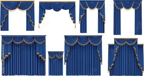 Comprehensive collection of various blue curtain styles including valances full-length drapes tiered window treatments isolated on white background for interior design layouts curtains