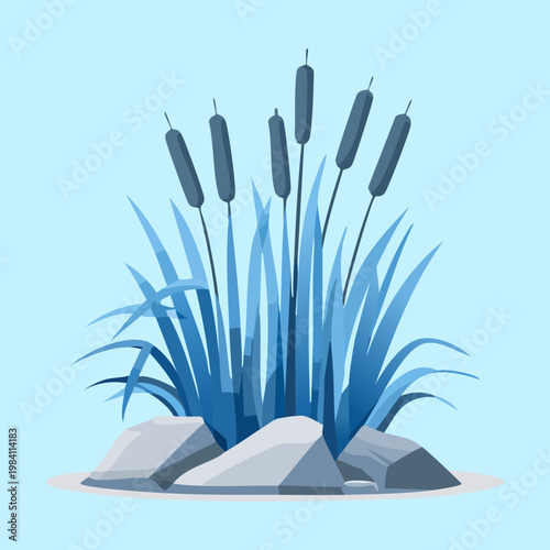 Obraz na płótnie Blue reeds and tall grass with grey stones for wetland landscape and riverbank e