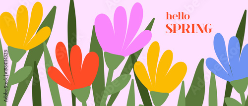 A creative spring banner featuring colorful abstract flowers on a pink background. An illustration with a floral pattern suitable for greeting cards and seasonal celebrations. A blooming plant motif.