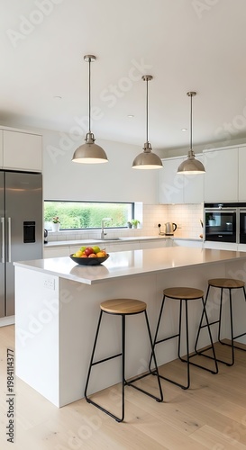 Modern Kitchen Interior with Island and Pendant Lighting.
