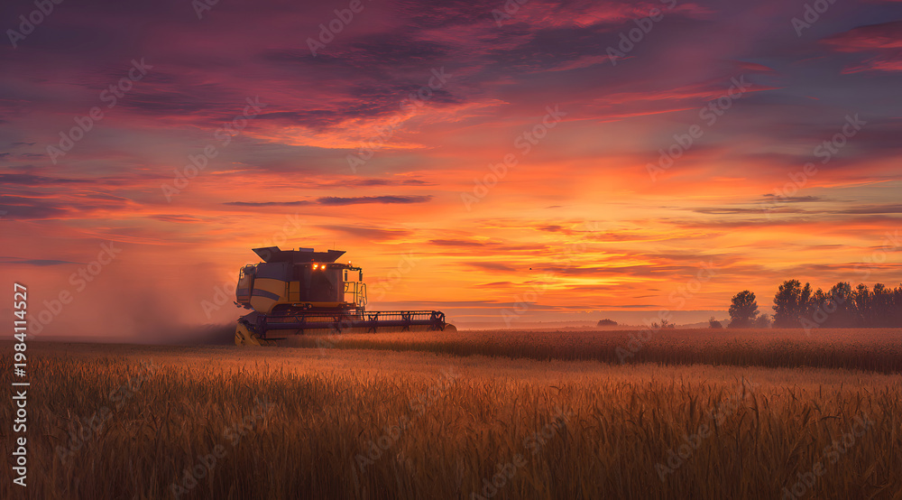 Fototapeta premium Harvesting combine harvester working in a golden field at sunset