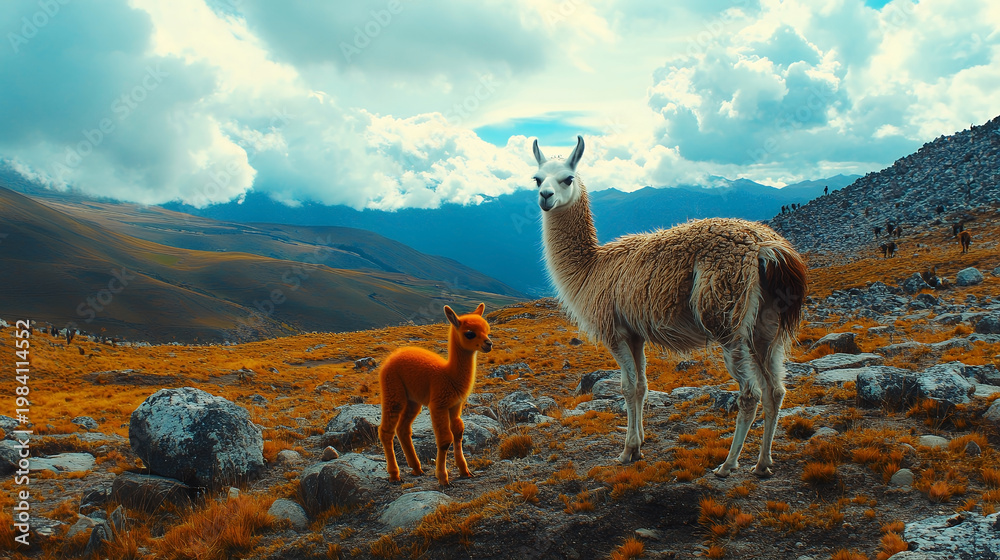 Fototapeta premium A llama and its cria stand in a vast mountain landscape under a cloudy sky