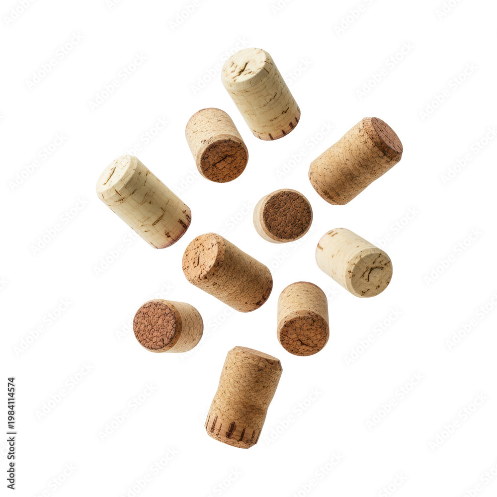 Fototapeta premium Natural wine corks with porous textures floating in a dynamic scattered formation against a white studio background, concept of premium winery branding