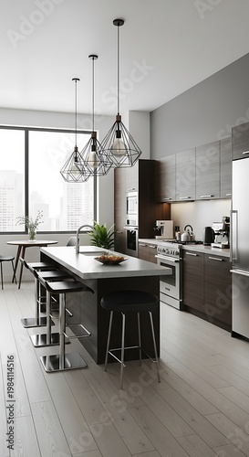 Modern Kitchen Interior with Island and Pendant Lights.