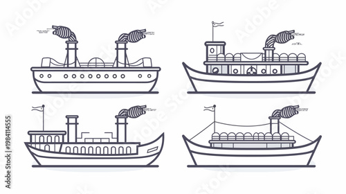 Illustration of four paddle steamer boats with various steam funnel designs on white