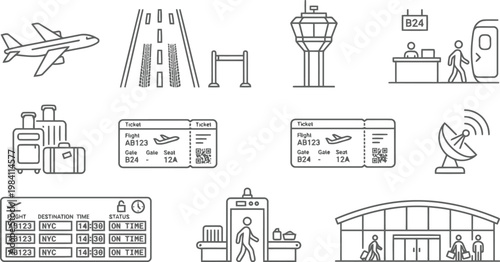 airport icons, travel symbols, flight illustrations
