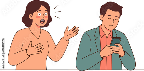 Woman reacts to man looking at phone with concern and frustration indoors