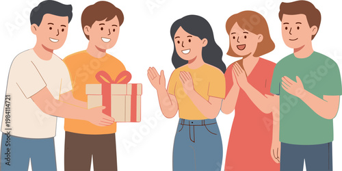 Four people are celebrating a birthday with a gift and clapping outside