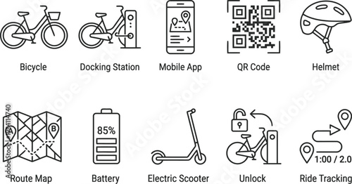 set of e bike and electric scooter rental service icons