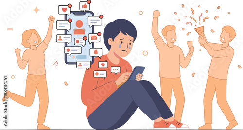 People celebrating with a person on their phone at an outdoor event with friends.