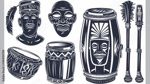 Graphic illustration of traditional African art masks, drums, a tribal face, drum sticks