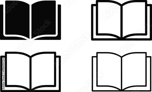 A set of four open book icons with varying fill styles and outlines on a white background.