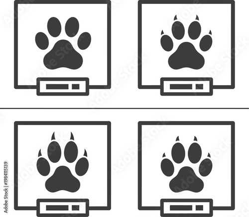 Four stylized icons of a dog's paw print displayed within square frames with a horizontal bar below.