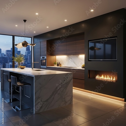 Modern Kitchen Interior with Island, Fireplace, and City View.