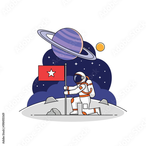 Astronaut plants flag on alien planet