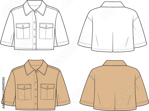 Women’s cropped button-up shirt with front pockets, short sleeves, collared design, fashion flat sketch, apparel mockup template, casual clothing illustration