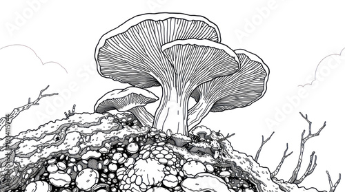 Mushroom Cluster with Intricate Gills Illuminated Subtly on Textured Ground Ideal for Dark Fantasy Art